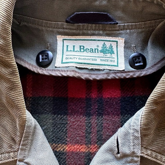 VTG LL Bean Barn Coat Mens Large Green Canvas Plaid Lined Chore Jacket Button - Picture 10 of 10
